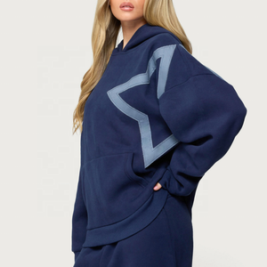 Custom Logo <strong>Women's</strong> <strong>Navy</strong> Blue Oversized <strong>Hoodie</strong> With Star Patch Design Casual Street Wear Pullover Sweatshirt - Product Image 3