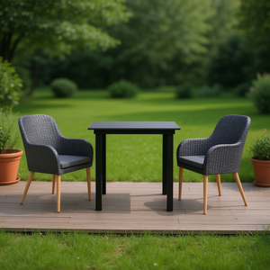 Set da Pranzo da Giardino in Rattan Grigio Scuro per 2 Persone, Resistente alle Intemperie, Design Contemporaneo con Gambe in Legno Massello - Product Image 2