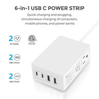 Bluetimes Strip daya Desktop, stasiun pengisian daya ramping ringan 6 dalam 1 65W dengan dua port Tipe C dan dua port USB-A