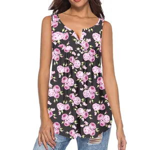 Camisa de poliéster con estampado de flores rosas a pedido, camisa personalizada de verano sin mangas con cuello en V, blusa con diseño de sublimación Dropshipping