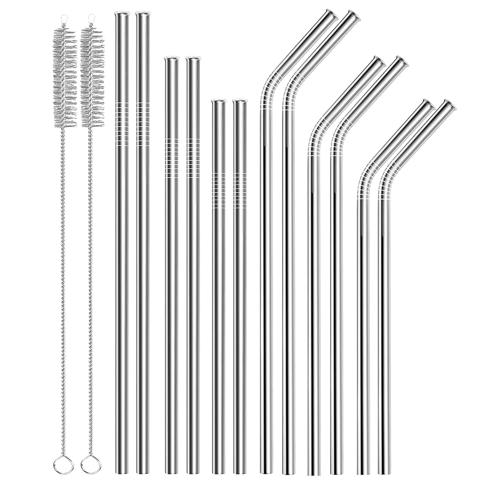 Most Popular Reusable Stainless Steel Metal Straw 6 Straight 6 Bent with 2 Cleaning Brushes and 1 Travel Case