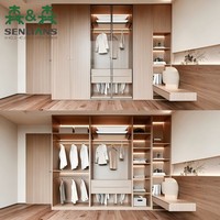 Armoire de chambre pleine hauteur avec tringles de suspension, section frontale en verre, trois tiroirs et étagères d'angle
