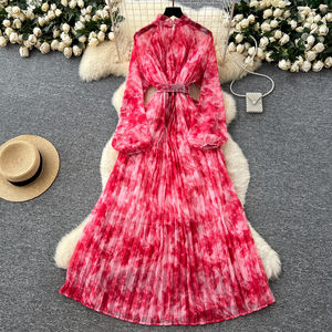 Primavera tunica romana fasciante abito Midi Casual da donna manica lanterna <span class=keywords><strong>impero</strong></span> 3D abito di pizzo stampato - Product Image 4