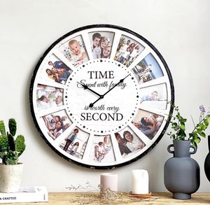 Horloge murale en bois avec <span class=keywords><strong>collage</strong></span> de 12 photos, citation familiale, silencieuse, rustique, style ferme, grande horloge murale surdimensionnée pour la maison, le salon - Product Image 2