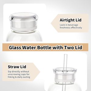Bouteille d'eau en verre avec paille, 300-1000 ml, couvercle à vis, design minimaliste transparent, pour les voyages, adultes - Product Image 4