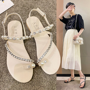Sandales plates romaines à boucle d'orteil en strass style féerique 2026 pour femmes, grandes tailles, chaussures d'été tendance à assortir aux robes - Product Image 1