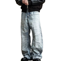 Jeans de mezclilla para hombre 2026 de 14 oz, azul claro degradado, con pedrería, brillo artesanal, de pierna completa, con cristales en forma de gota de agua en la parte trasera de la cintura, personalizados