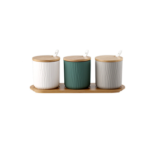 Logotipo personalizado Cozinha Nordic Tempero Armazenamento Recipiente Cerâmico Spice <span class=keywords><strong>Jar</strong></span> <span class=keywords><strong>Set</strong></span> com Tampa Colher Bandeja - Product Image 1
