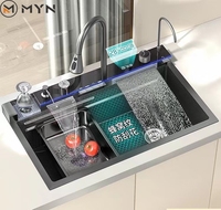 Nouvelle Tendance TikTok : Évier de Cuisine Noir en Acier Inoxydable à Compartiment Unique avec Robinet Double Cascade et Nid d'Abeille Bionique