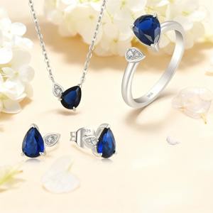 YILUN Juego <span class=keywords><strong>de</strong></span> Joyería <span class=keywords><strong>de</strong></span> Plata <span class=keywords><strong>de</strong></span> Ley 925 con Circonita Azul Corte Pera, Collar, Pendientes y Anillo Ajustable, Accesorios para Novia y Boda - Product Image 4