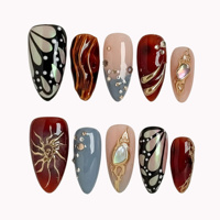 Ongles en acrylique à presser, motifs nacre, strass, ligne métallique 3D, ailes de papillon, soleil, forme amande, longueur moyenne, vente en gros