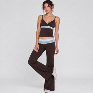 Women's 2 Piece Short Lace Trim Color Block Sleeveless Cami Top Low Rise Wide Leg Pants Summer <b>Set</b> - Product Image 4