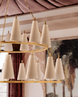 Lustre suspendu moderne à 2 niveaux en laiton pour hôtel, restaurant, maison, avec abat-jour en tissu rond doré