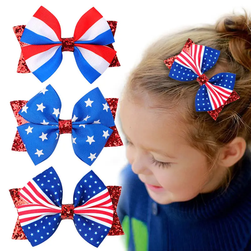 New Arrivals 3 Colors Kids Wholesale National Day threaded hair clips of United States Hair Accessories for Kids