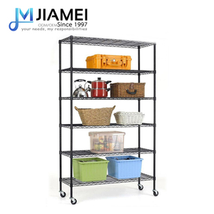 JIAMEI丸管金属ワイヤー棚黒色粉体塗装ワイヤー棚ユニットホイール付き6層金属ラック - Product Image 2