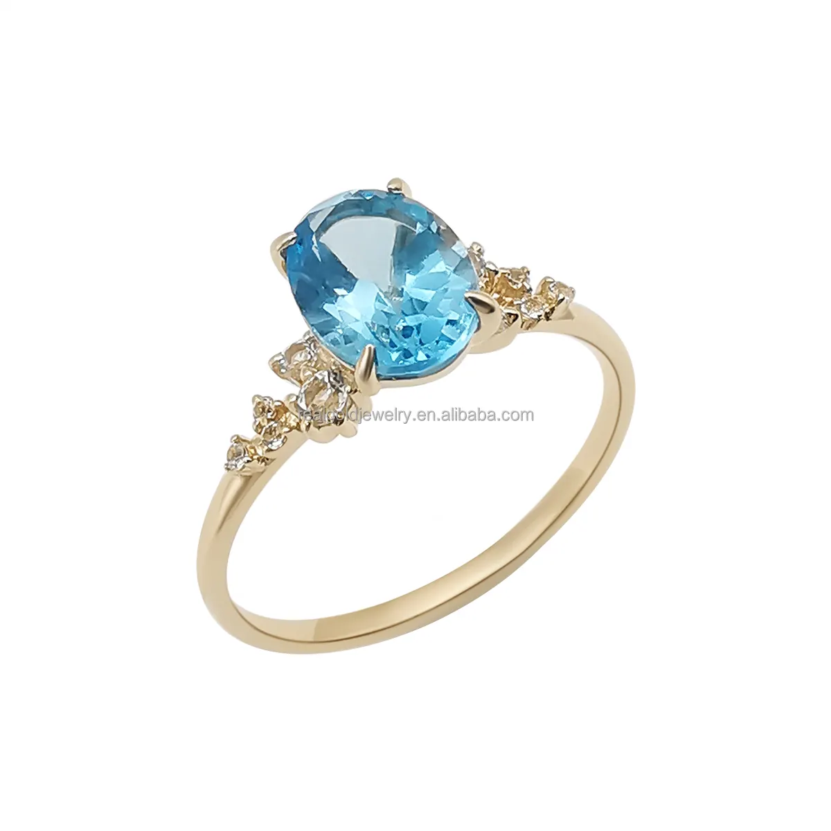 Hot Sale 14K Solid Gold Ring Blue Color Natural Topaz Stone Engagement Real Gold Jewelry Ring