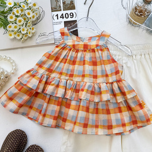 Completo Estivo per Bambini Nuovo Prodotto Commercio Estero Elegante Top a Bretelle a Quadri Fresco per Ragazza e <span class=keywords><strong>Pantaloni</strong></span> a Gamba Larga Casual Set Due Pezzi - Product Image 3