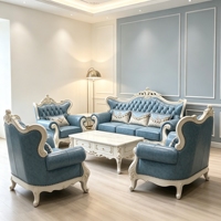 Europäisches Klassisches Geschnitztes Holzsofa-Set Blaues Echtleder Luxus-Villa Wohnzimmermöbel Heimsofa
