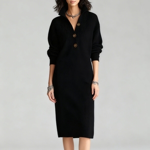 Robes pull mi-longues en maille décontractées pour femme, coupe droite ample, col boutonné, collection automne, tendance - Product Image 2