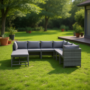 Ensemble de salon de jardin modulaire en rotin gris, 9 pièces, meubles d'extérieur - Product Image 3