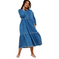 Robe longue en jean pour femme grande taille, style chemise vintage superposée et ample, avec design patchwork à bords bruts, séchage rapide pour l'été