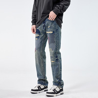 Jean Rétro Déchiré YUANBOFEI pour Homme – Pantalon Slim Droit Tendance avec Broderies Personnalisées et Patchs Effilochés