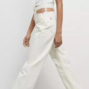 กางเกงยีนส์ผ้าฝ้ายแบบลำลองสำหรับผู้หญิง,กางเกงยีนส์เดนิมขาตรงทรงหลวมเอวสูงมีรูสีขาว - Product Image 2
