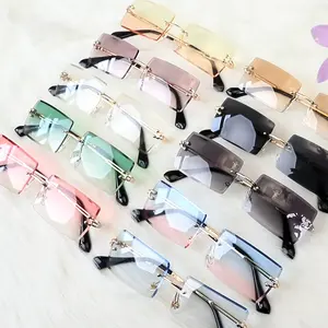 रेट्रो धूप का चश्मा महिलाओं ब्रांड डिजाइनर फैशन Rimless ढाल सूर्य चश्मा जैसा मामला काटने लेंस देवियों Frameless चश्मा