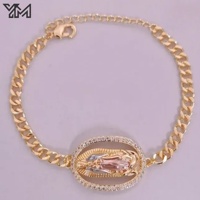 Pulsera Religiosa Ajustable de la Virgen María con Cadena Cubana y Halo de Circonitas Tricolor, Chapada en Oro de 18K, Nuestra Señora de Guadalupe