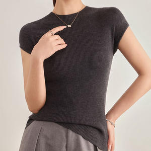 Camiseta de Punto Vintage de Manga Corta, Personalizada, de Viscosa/Poliéster, para <span class=keywords><strong>Mujer</strong></span>, Primavera-Verano, Ajustada, Elástica, Cuello Pequeño, Elegante - Product Image 3