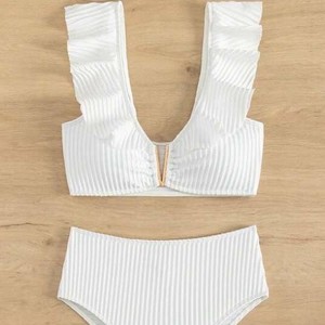 <span class=keywords><strong>Maillot</strong></span> <span class=keywords><strong>de</strong></span> <span class=keywords><strong>bain</strong></span> triangle en mousseline taille haute, style européen et américain, monochrome, à volants, nouvelle collection 2025, le plus vendu - Product Image 3