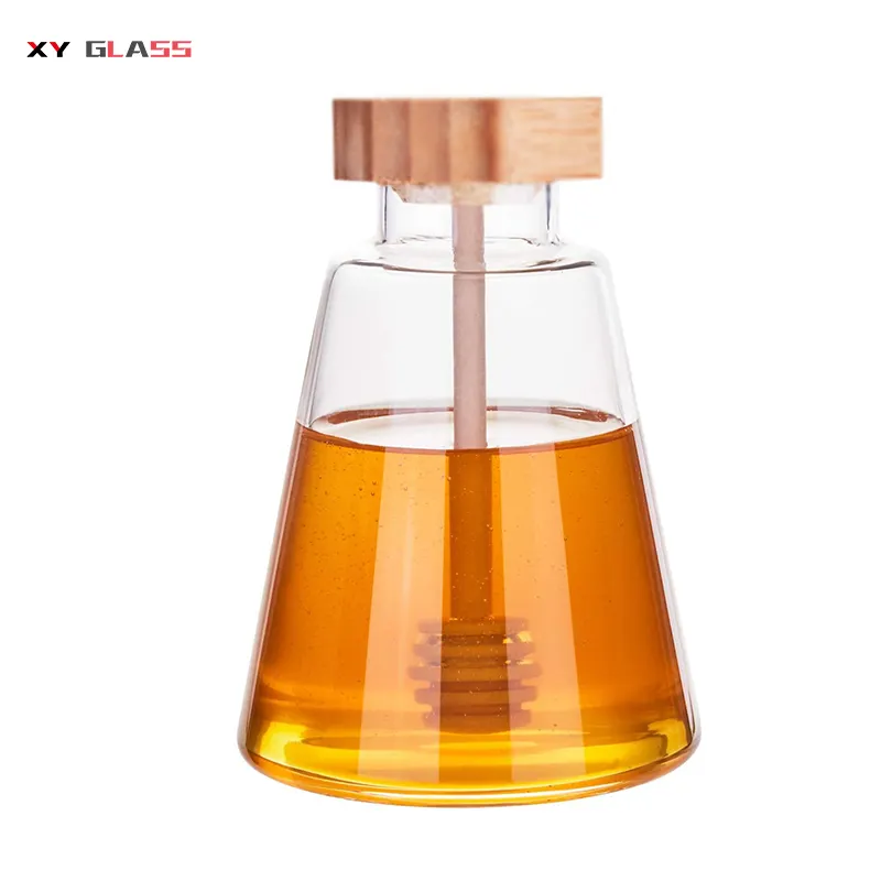 classical reusable with stick wooden lid borosilicate cooking glass honey jar