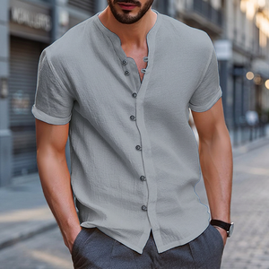 Hawaii New Fashionable Men's Retro <b>Patchwork</b> Button <b>Shirts</b> Linen/Cotton Breathable Quick Dry Stand Casual Short Sleeve for - Product Image 3