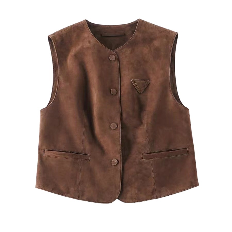 4107 New Arrival Women's Sleeveless V Neck Vintage Real Sheep Leather Vest Factory Price Short Length with Button Decoration