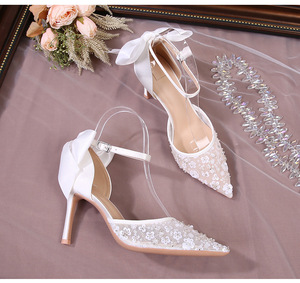 2025 Satin Women Stiletto Pointed Toe Wedding <b>Shoes</b> Bead <b>Shoes</b> Wedding High Heels - Product Image 3