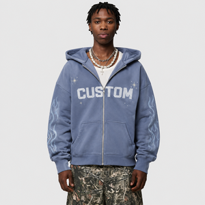 OEM Cropped Zip Up Hoodie Boxy Blue Vintage Wash Paint Splatter Graffiti Streetwear Custom Logo Men Hoodie - Product Image 1
