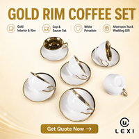 Set Cangkir Kopi Keramik LEXI Luxury Gold Rim dengan Piring, Cangkir Teh Porselen Putih untuk Teh Sore, Set Kotak Hadiah Pernikahan