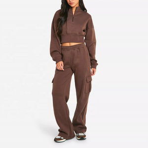 Hot Fashion Street Wear Sweatsuit Personalizar Fleece Terry 2 <span class=keywords><strong>piezas</strong></span> Set Mujeres 1/4 Zip Sudadera Pocket Jogger Chándal - Product Image 1