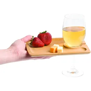 Portable Outdoor Food Serving Bamboo Appetizer Plate Tray with Wine Stem Holder For Party or Buffet