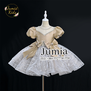 Vestido de fiesta bonito de moda para niñas, vestido de niña de flores <span class=keywords><strong>con</strong></span> escote <span class=keywords><strong>con</strong></span> cuentas de perlas y lazos grandes, vestido Formal para niños pequeños para fiesta de cumpleaños - Product Image 2