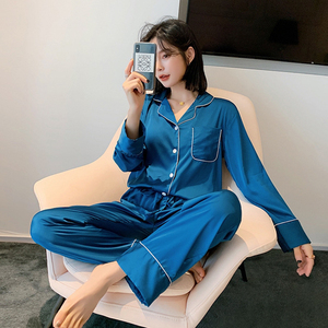 Set pigiami di seta di lusso Nighty design da donna pantaloni a maniche lunghe da notte set Pj tinta unita con risvolto per donna - Product Image 1