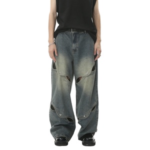 Jeans baggy droits de créateur sur mesure, coupe ample, haute qualité, design industriel lourd, jeans en denim ample à jambes larges, ajourés, pour hommes - Product Image 1