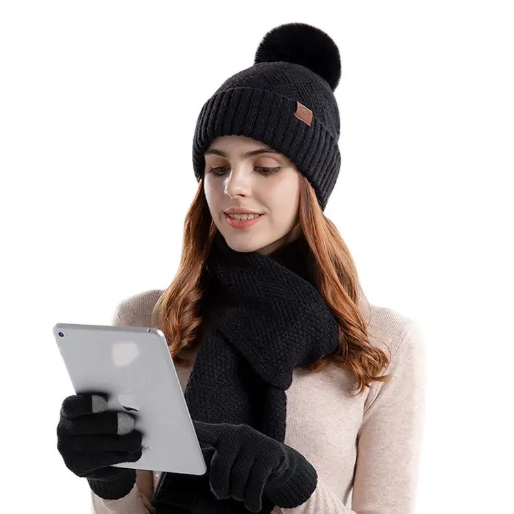 Topi rajut wol wanita, topi Beanie hangat tiga potong pelindung telinga musim dingin gaya Korea