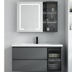 Wall Mounted <b>Bathroom</b> Vanity <b>Grey</b> Solid Wood <b>Cabinet</b> One Piece Ceramic Basin With LED <b>Mirror</b> - Product Image 2