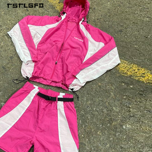 Ensemble court homme grande taille en nylon color-block avec coupe-vent rose et blanc et short – Survêtement streetwear deux pièces en gros - Product Image 4