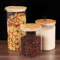 Bocal de conservation alimentaire en verre borosilicate avec couvercle en bambou, ensemble de récipients hermétiques pour café, riz, pâtes, sucre - Vente en gros