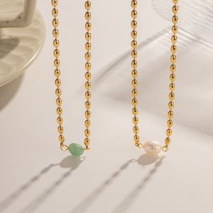 Collar con Colgante de Perla de Agua Dulce, Cadena Ovalada de Acero Inoxidable Chapada en Oro, Estilo Francés, a la Moda - Product Image 1