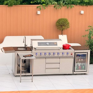Cuisine extérieure de luxe moderne en acier inoxydable, barbecue à gaz, réfrigérateur, évier, GPL/GN, 8 brûleurs infrarouges réglables et pliables - Product Image 4