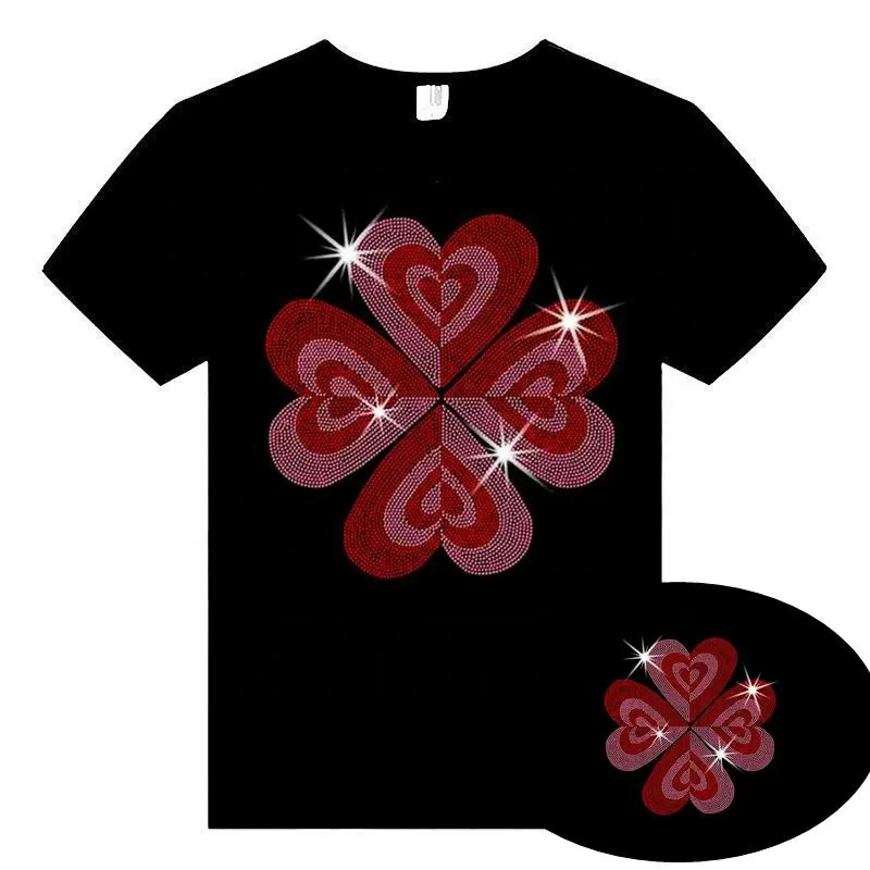 Personalizzato nuovo cuore fiore san valentino pronto a premere strass Hotfix trasferimento di calore ferro su motivo Bling lustrino Transfer