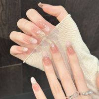 Faux Ongles en Acrylique Personnalisables en Gros, Forme Amande, Longueur Moyenne/Courte, avec Accents Feuille d'Or et Perles, Réutilisables